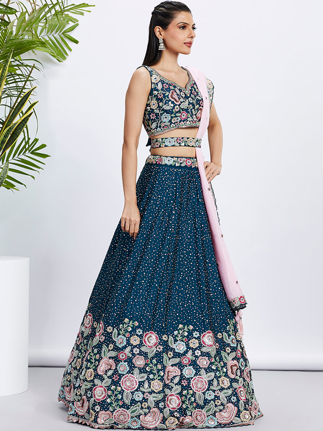 Navy Blue Chiffon Sequins Thread Embroidery Lehenga Choli &amp; Dupatta
