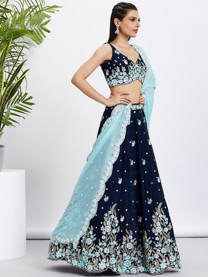 Navy Blue Georgette Sequins &amp; Thread Embroidery Lehenga Choli &amp; Dupatta