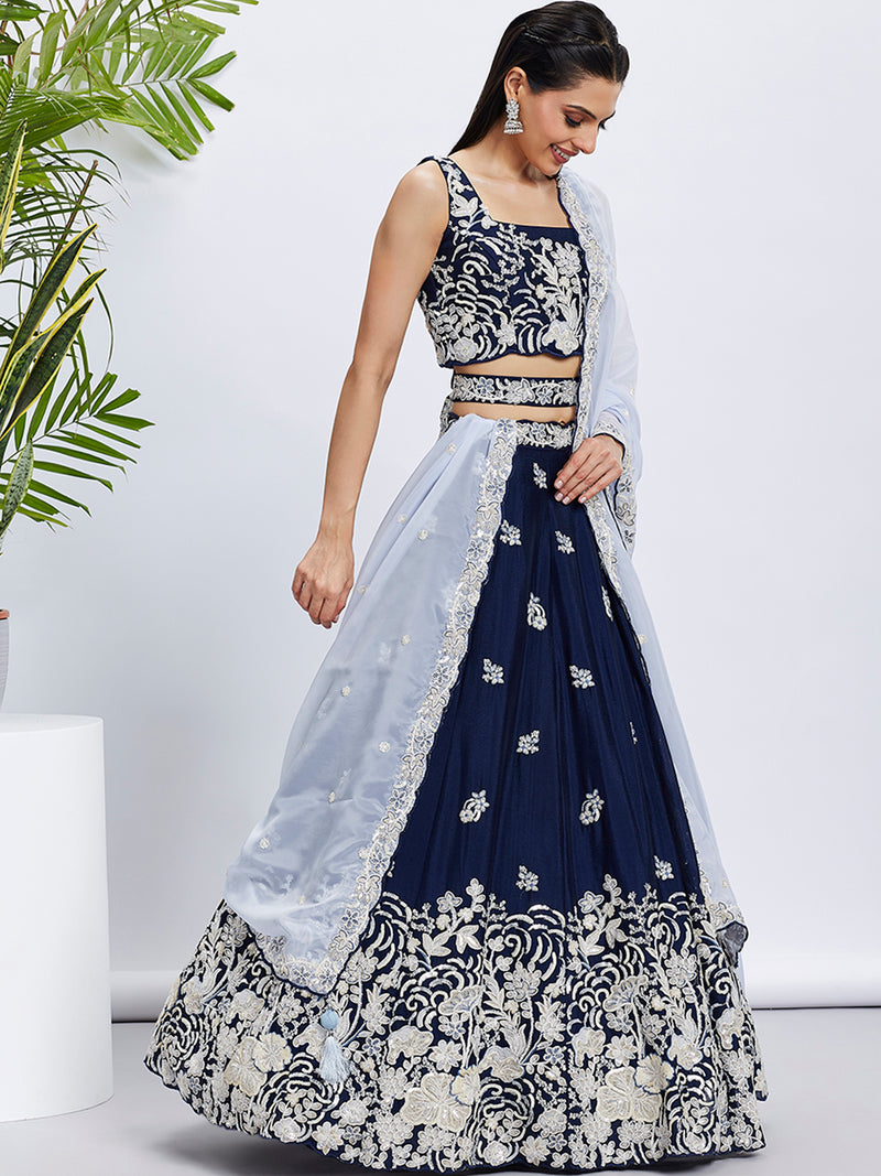 Navy Blue Georgette Sequins Thread Embroidery Lehenga Choli & Dupatta