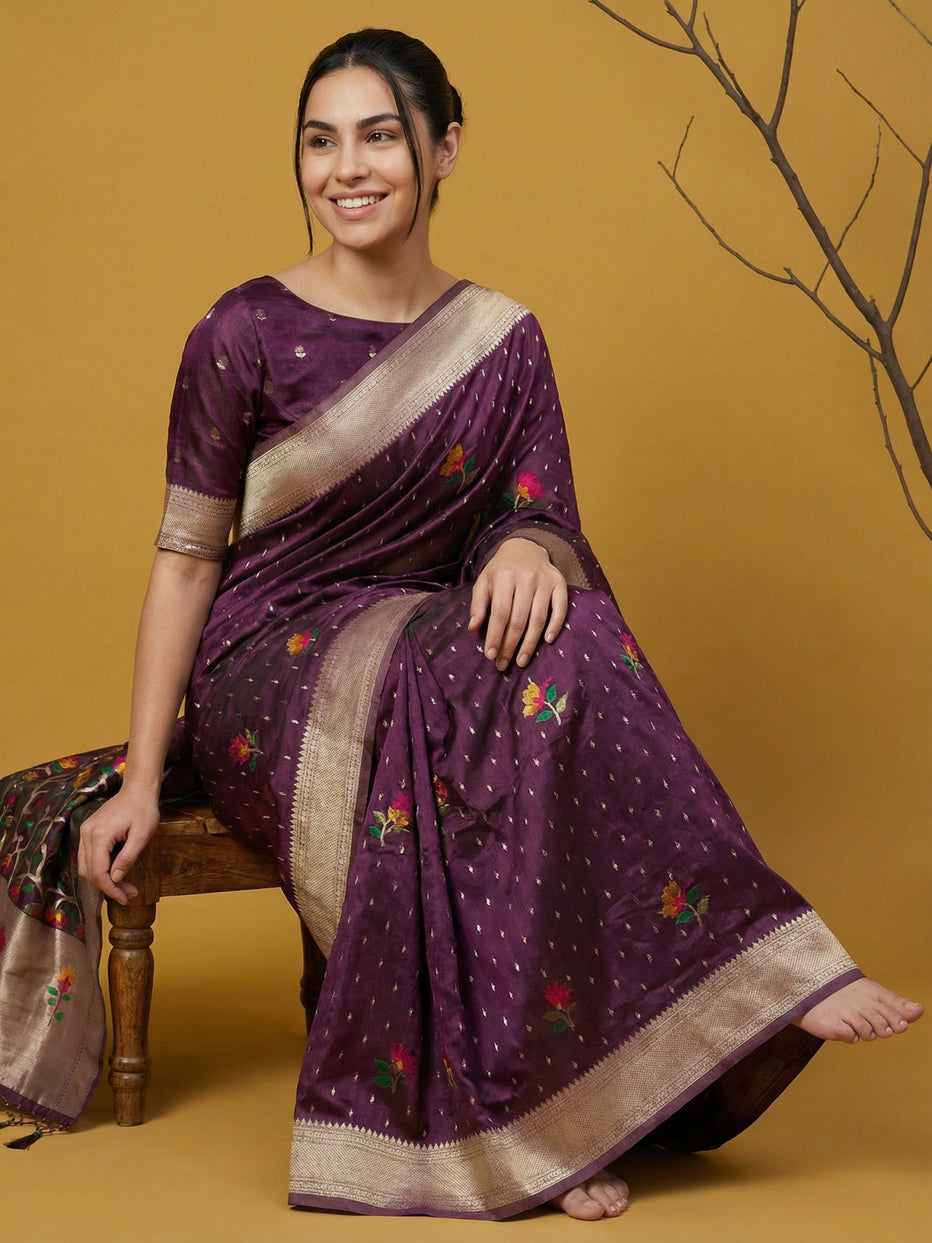 Wine Pure Organza Silk Meenakari Jamdani Zari Woven Organza Saree