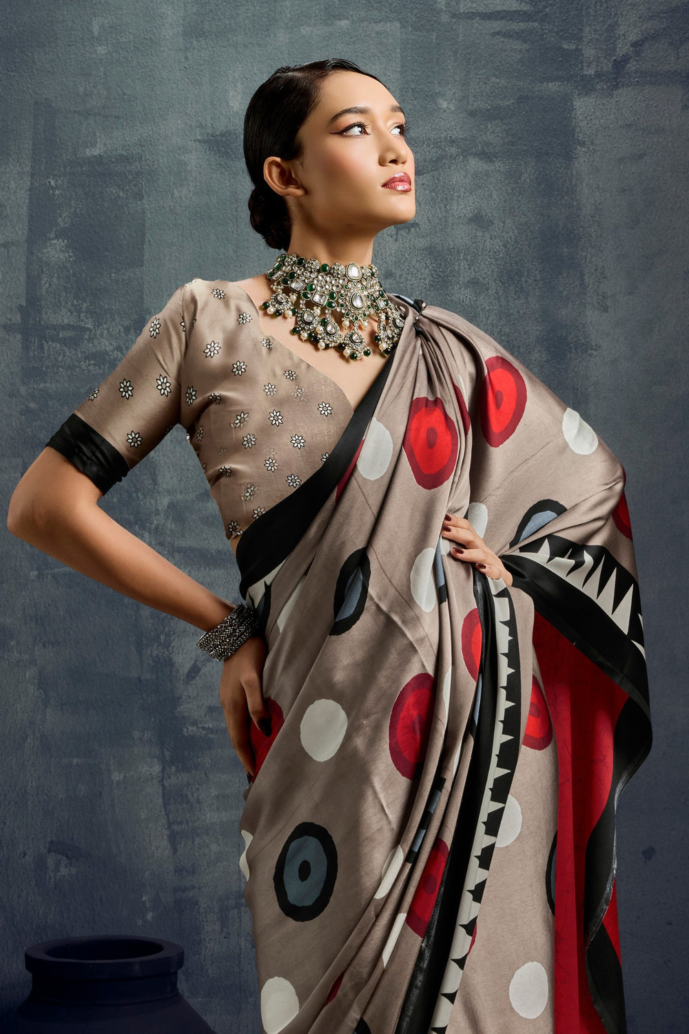 Grey Ajrakh Printed Satin Crepe Silk Saree ##color## Japan Satin Saree with premium fabric and embroidery