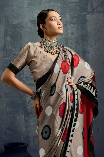 Grey Ajrakh Printed Satin Crepe Silk Saree 