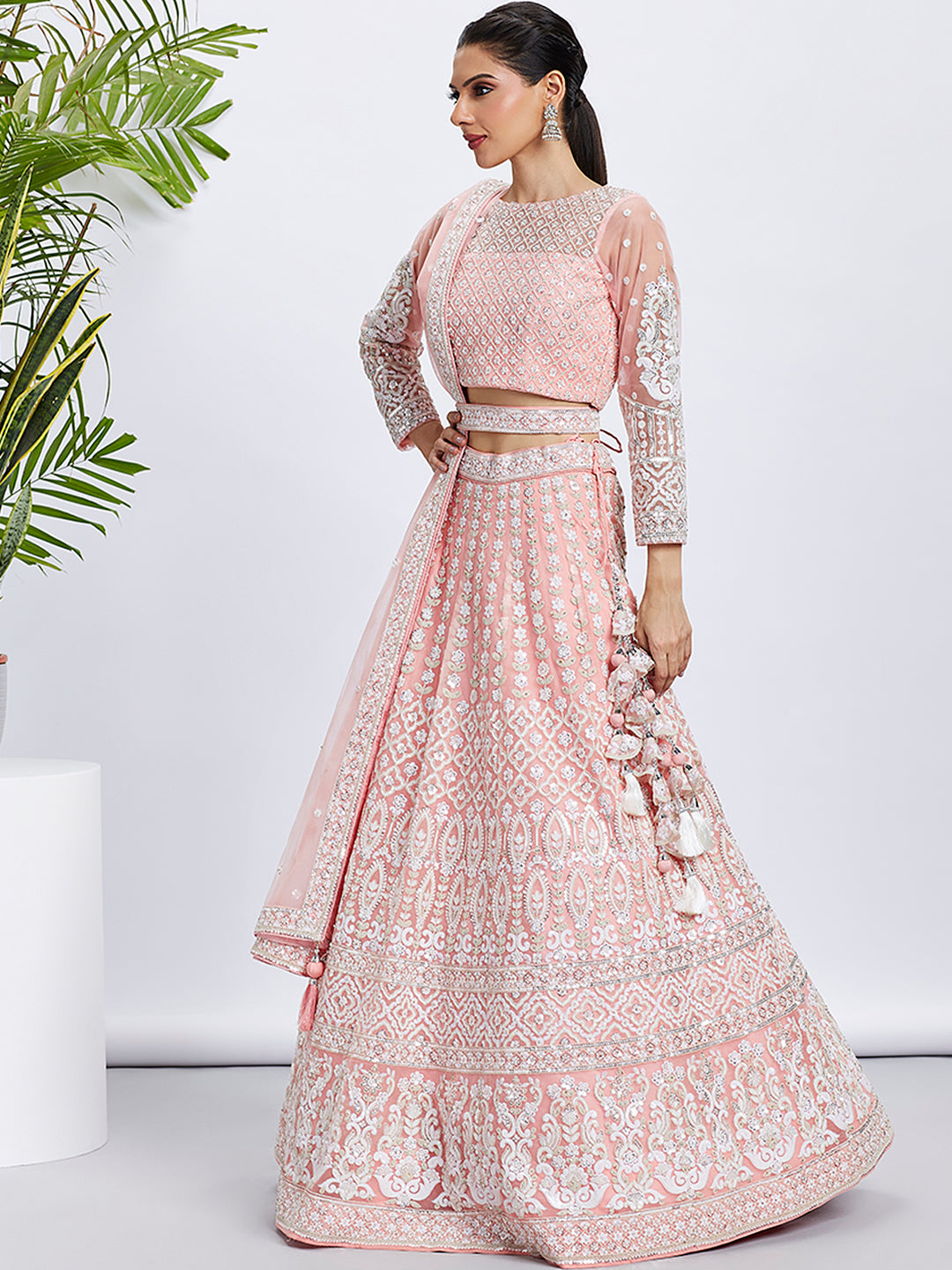Coral Net Sequins and Thread Embroidery Lehenga choli &amp; Dupatta