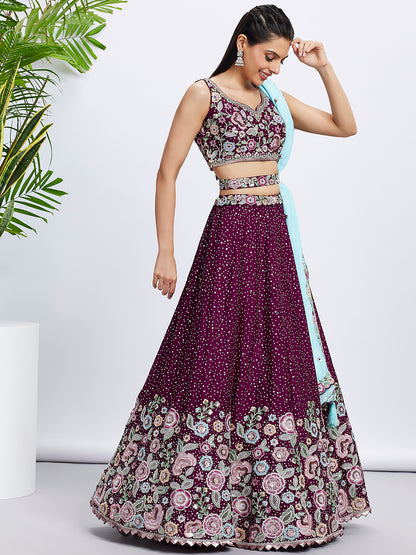Burgundy Chiffon Sequins Thread Embroidery Lehenga Choli &amp; Dupatta