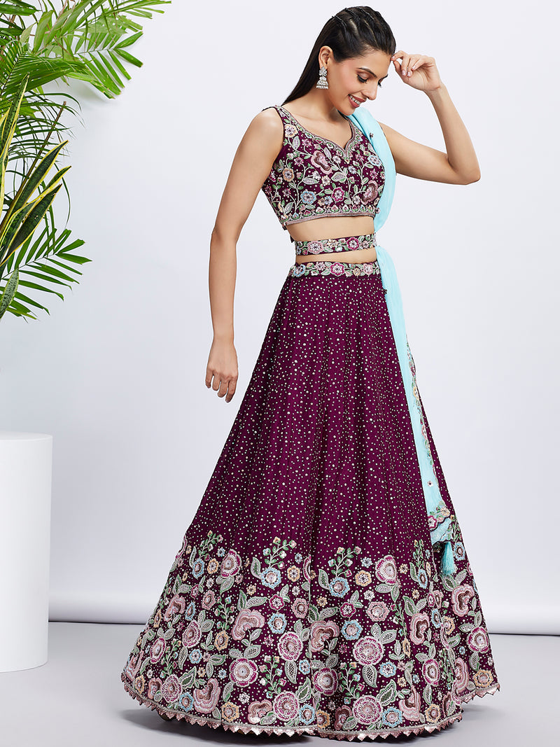 Burgundy Chiffon Sequins Thread Embroidery Lehenga Choli & Dupatta