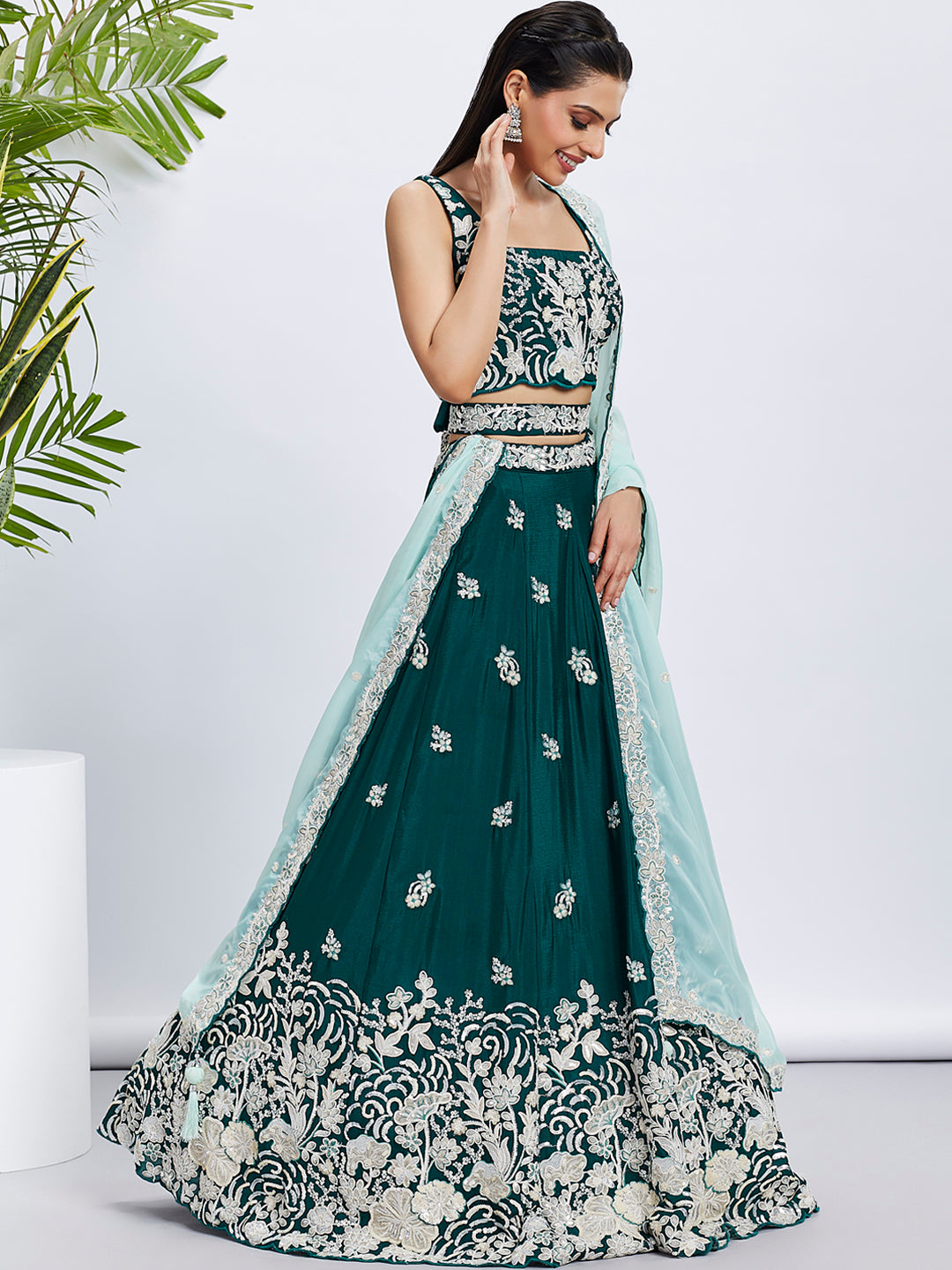 Green Georgette Sequins Thread Embroidery Lehenga Choli &amp; Dupatta