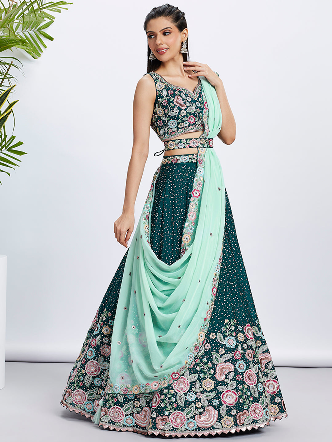 Green Pure Chiffon Sequins Thread Embroidery Lehenga Choli &amp; Dupatta
