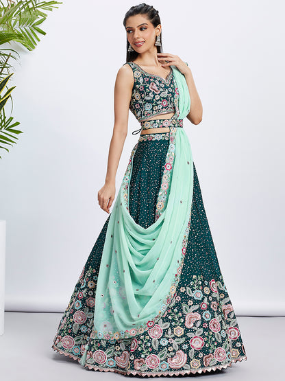 Green Pure Chiffon Sequins Thread Embroidery Lehenga Choli &amp; Dupatta