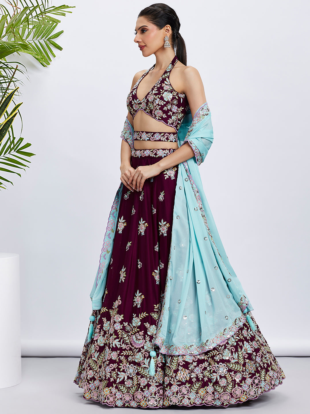 Burgundy Georgette Sequins Thread Embroidery Lehenga Choli &amp; Dupatta