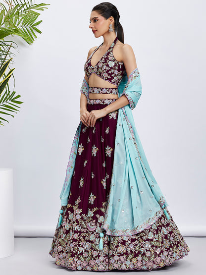 Burgundy Georgette Sequins Thread Embroidery Lehenga Choli &amp; Dupatta