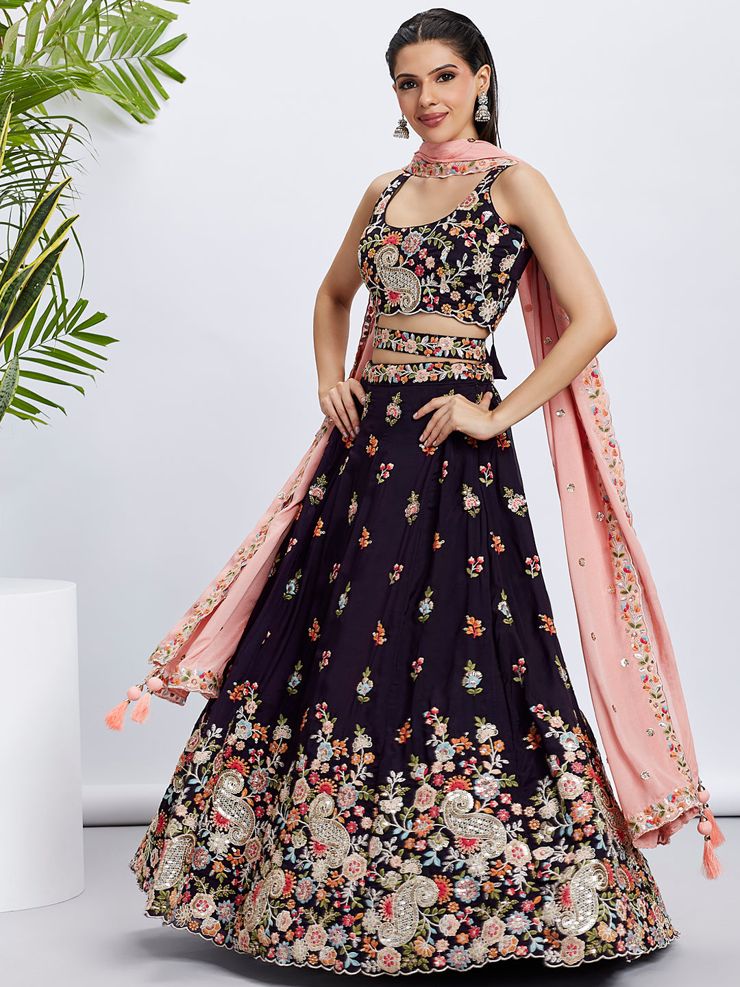 Magenta Organza Sequins Thread Embroidery Lehenga Choli &amp; Dupatta