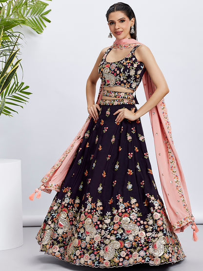 Magenta Organza Sequins Thread Embroidery Lehenga Choli &amp; Dupatta