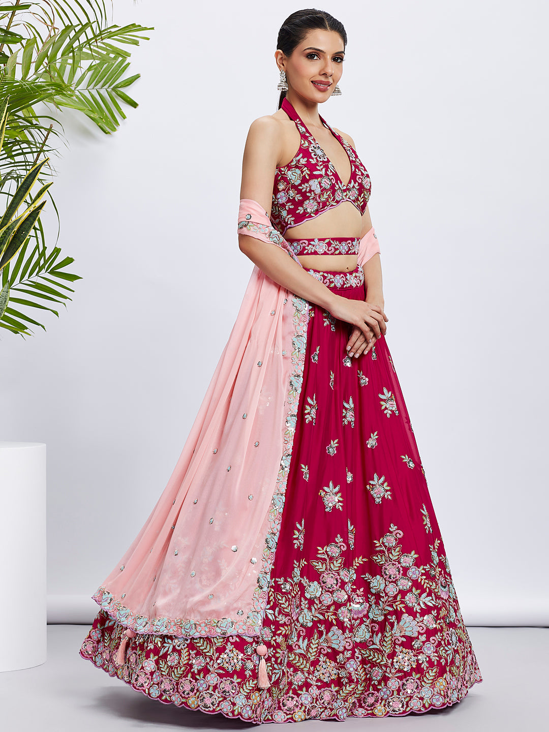 Rose Georgette Sequins and Thread Embroidery Lehenga Choli &amp; Dupatta