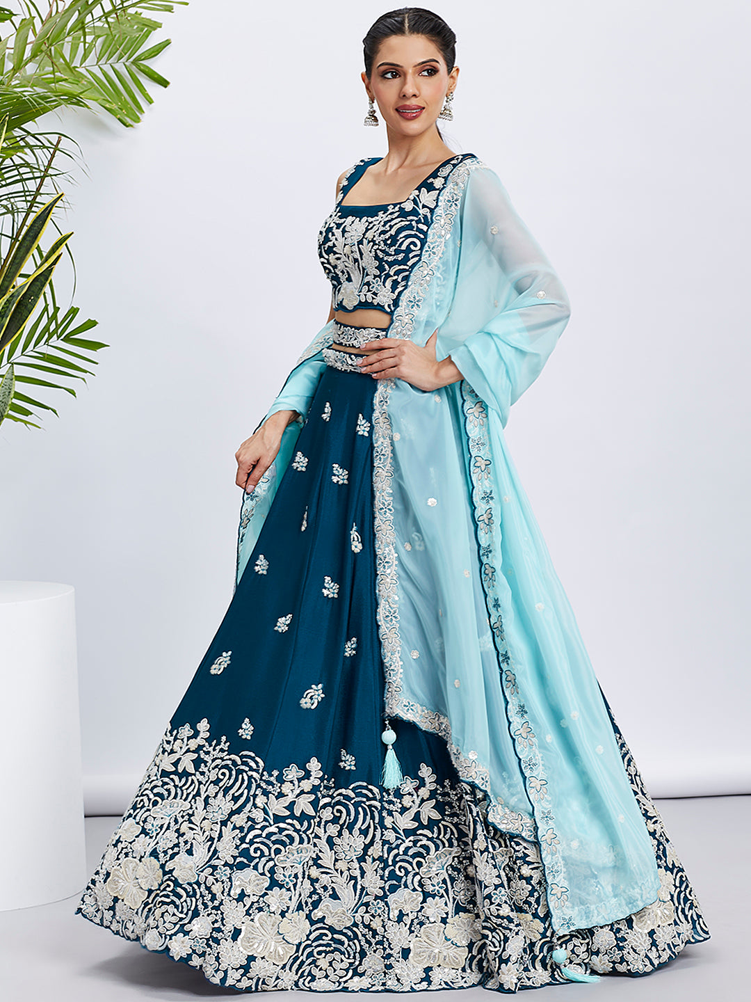 Teal Georgette Sequins Thread Embroidery Lehenga Choli &amp; Dupatta