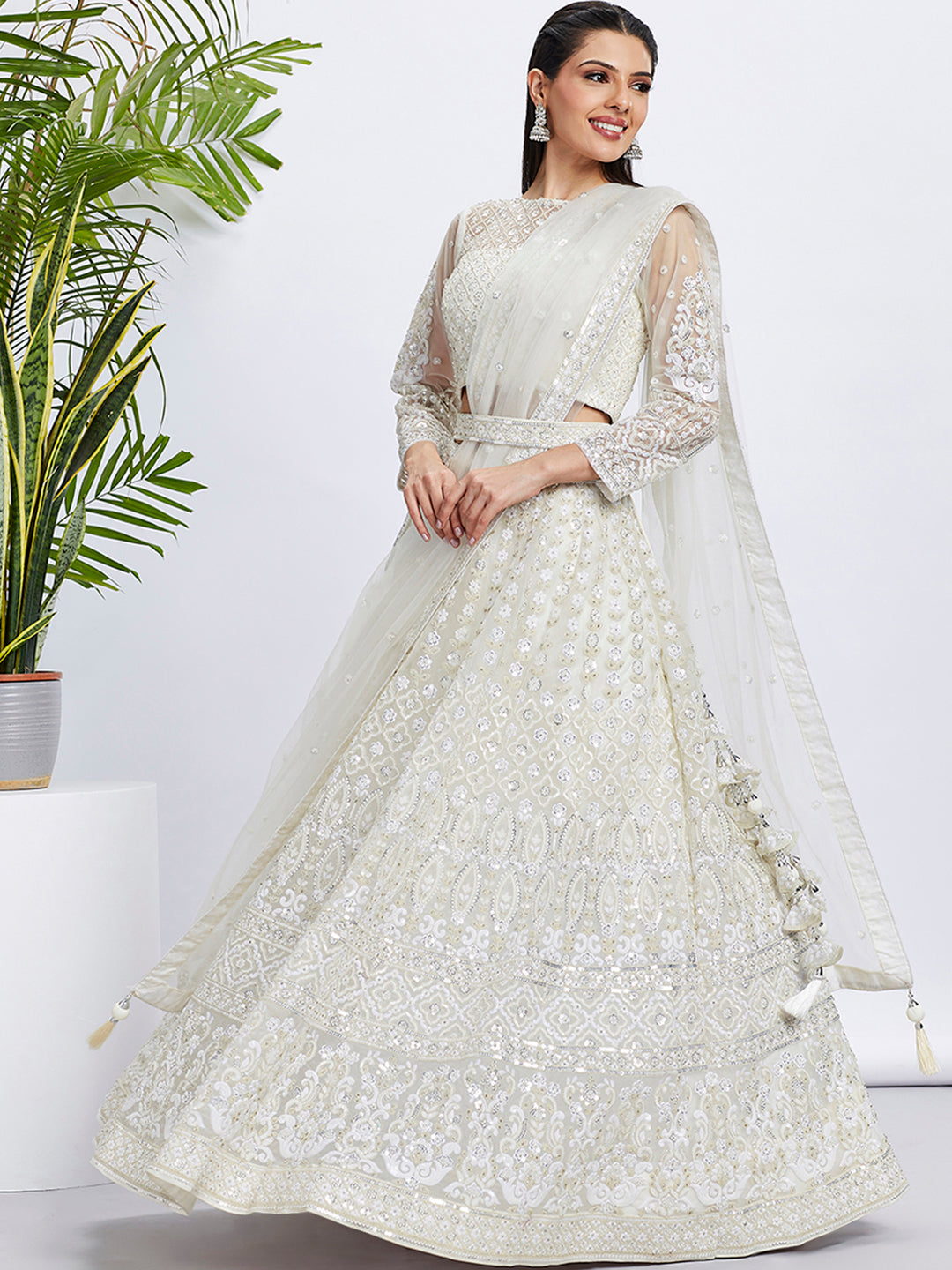 Cream Net Sequins and Thread Embroidery Lehenga Choli &amp; Dupatta