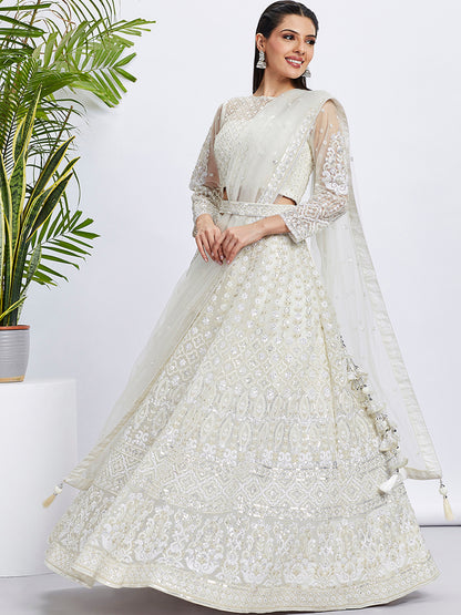 Cream Net Sequins and Thread Embroidery Lehenga Choli &amp; Dupatta