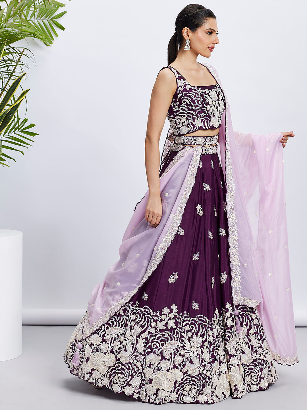 Purple Georgette Sequins Thread Embroidery Lehenga Choli &amp; Dupatta