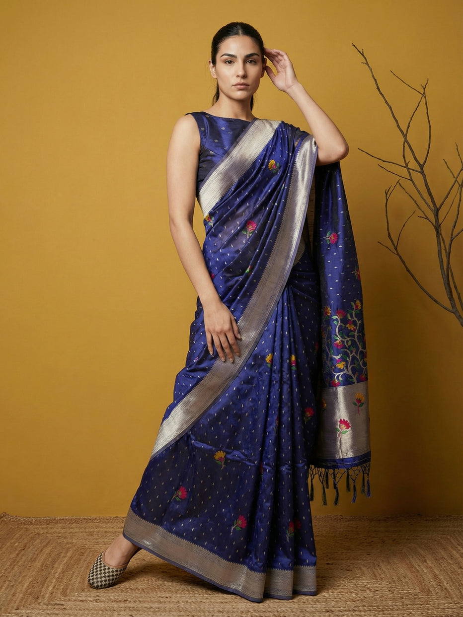 Blue Pure Organza Silk Meenakari Jamdani Zari Woven Organza Saree