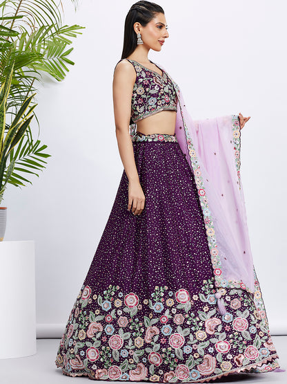 Purple Pure Chiffon Sequins Thread Embroidery Lehenga Choli &amp; Dupatta