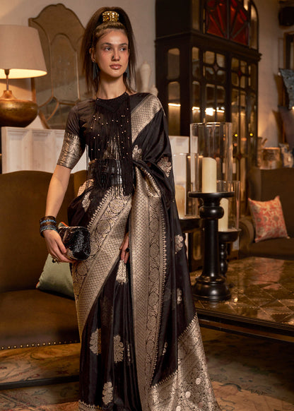 Royal Black Woven Pure Soft Georgette Silk Saree 