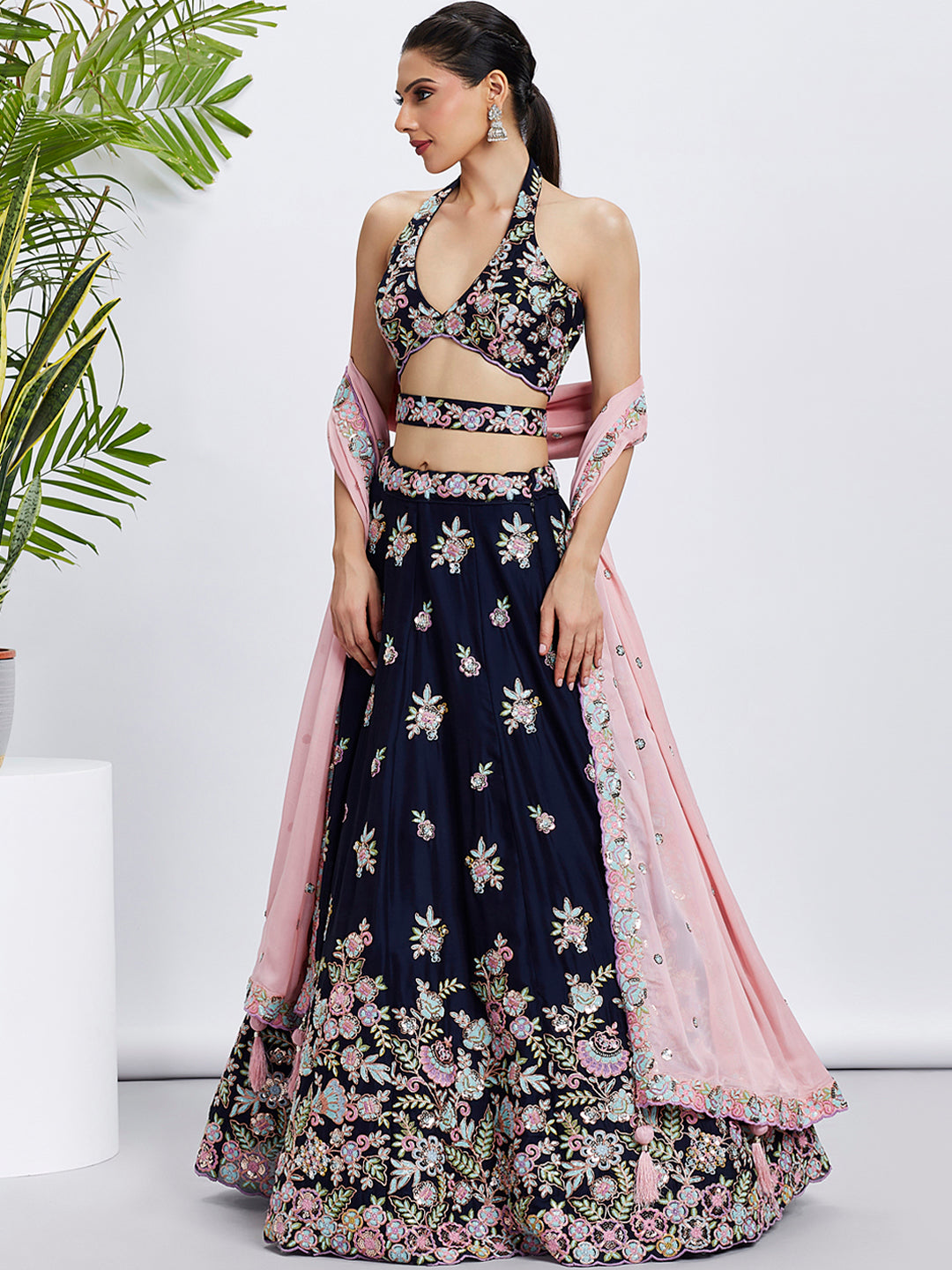 Navy Blue Georgette Sequins Thread Embroidery Lehenga Choli &amp; Dupatta