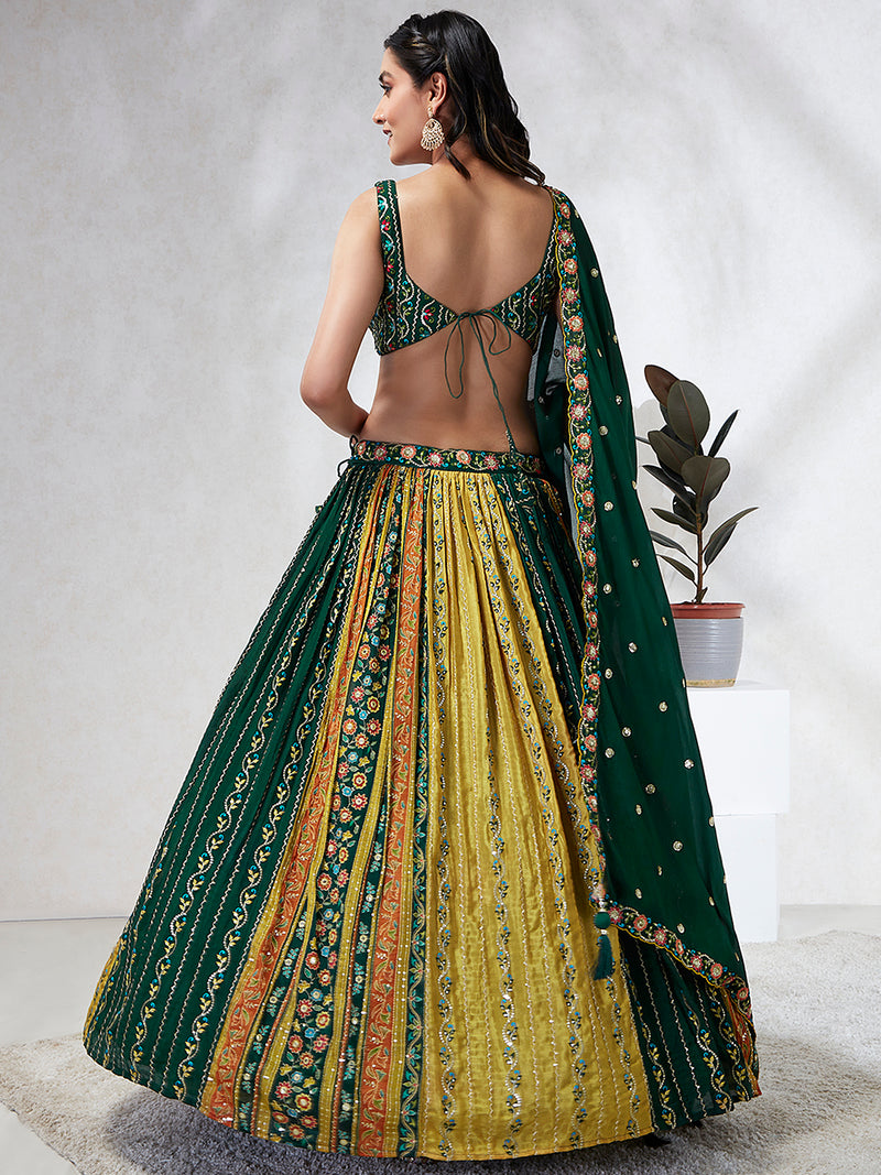 Green Chiffon Position Print with Sequins Embroidery Lehenga Choli