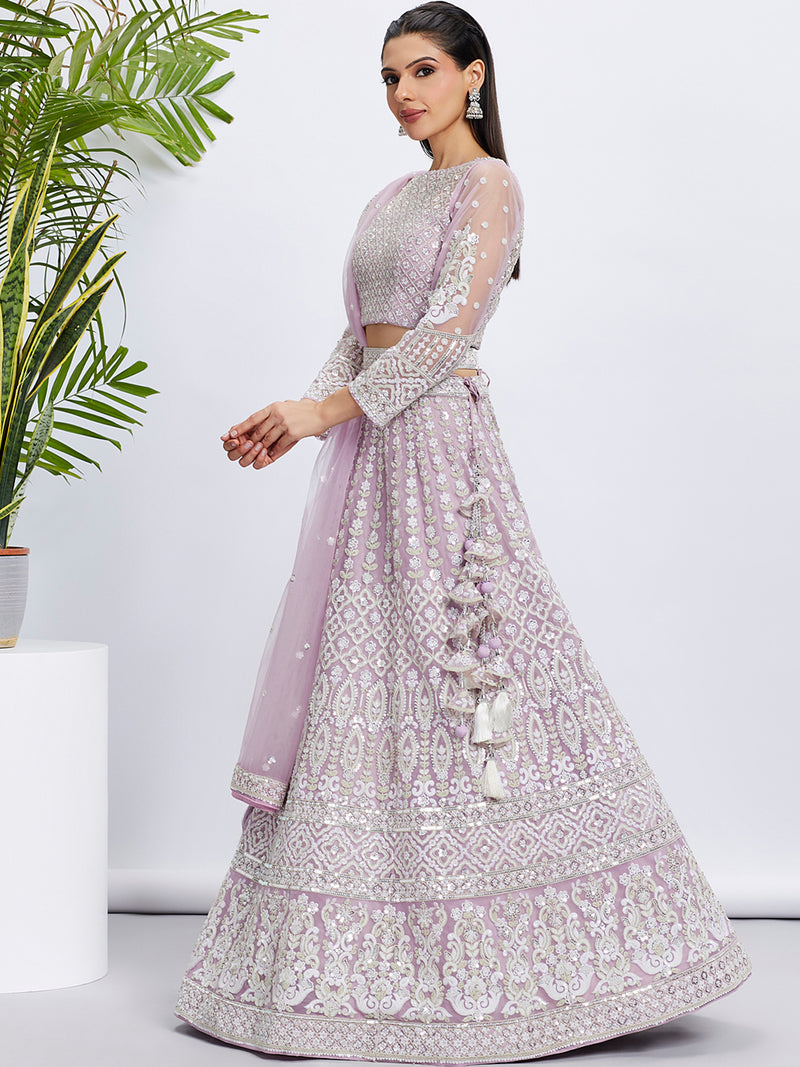 Lavender Net Sequins and Thread Embroidery Lehenga Choli & Dupatta