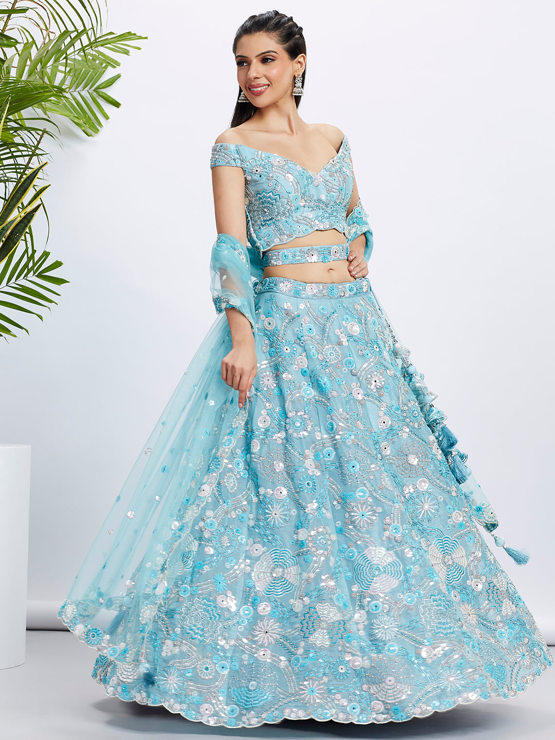 Sky Blue Organza Sequins and Thread Embroidery Lehenga Choli &amp; Dupatta
