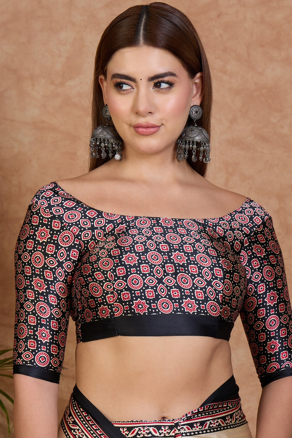 Bavarain Cream Pure Soft Modal Satin Ajrakh Print Satin Saree