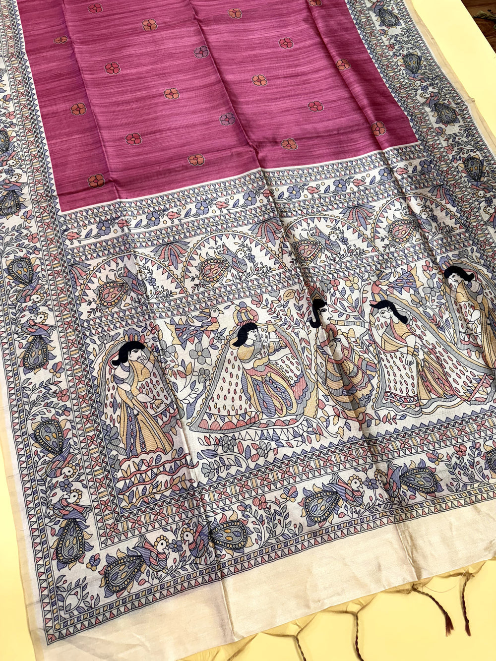 Pink Pure Tussar Madhubani Pallu Tussar Silk Saree