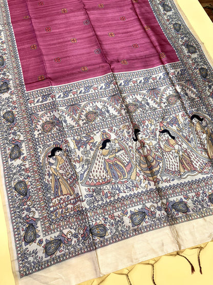 Pink Pure Tussar Madhubani Pallu Tussar Silk Saree Tussar Saree Anant Tex Exports Pvt.Ltd..