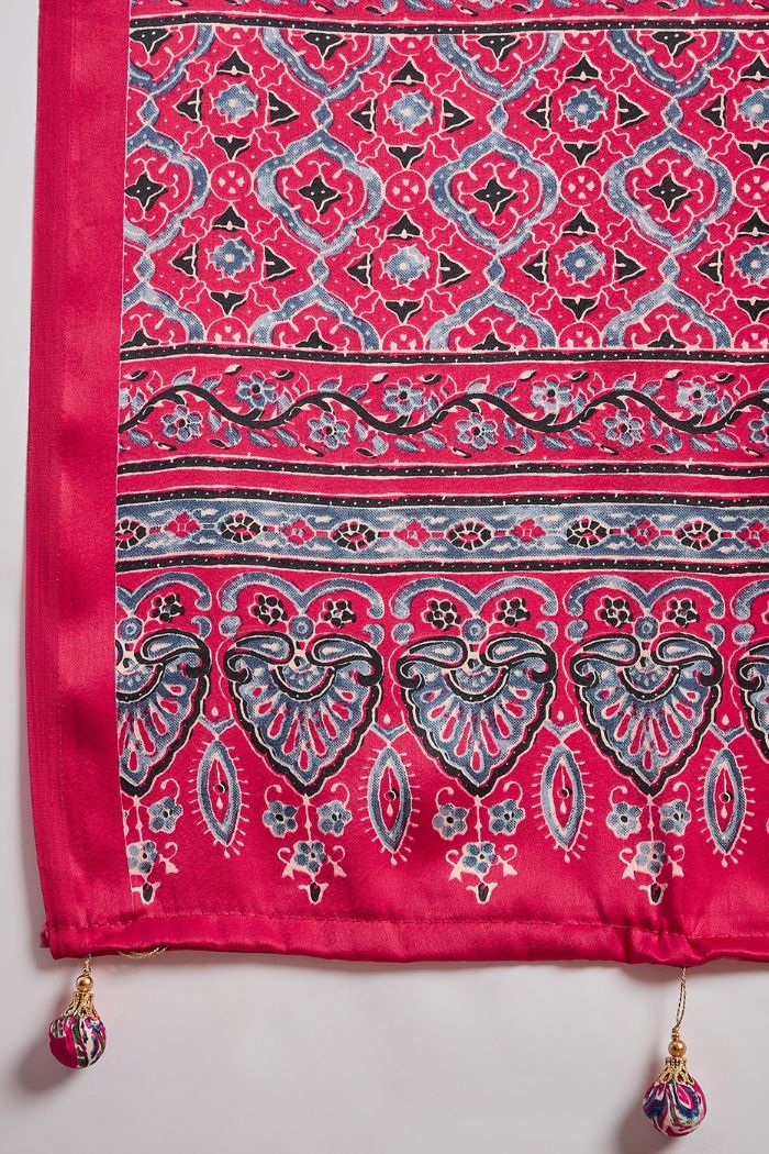 Cream and Red Pure Soft Modal Satin Ajrakh Print Satin Saree Japan Satin Saree Anant Tex Exports Pvt.Ltd..