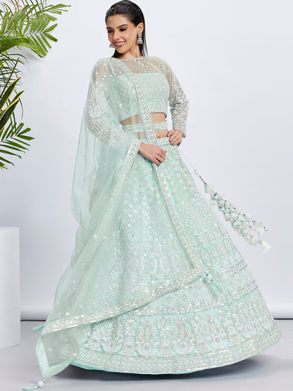Turquoise blue Net Sequins and Thread Embroidery Lehenga Choli &amp; Dupatta