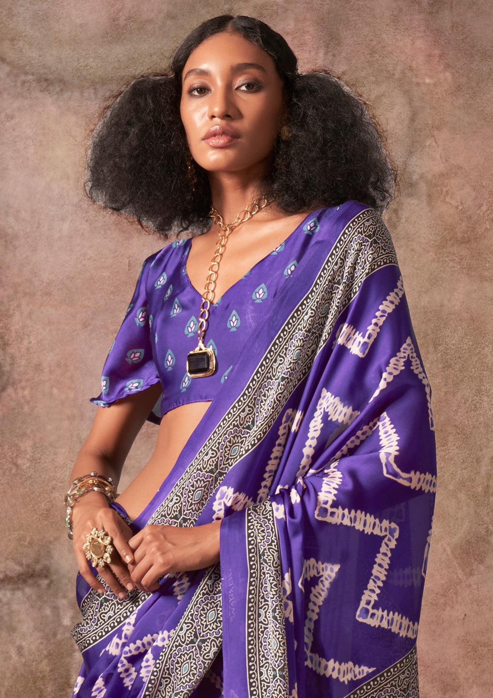 Purple Ajrakh Printed Satin Georgette Silk Saree 