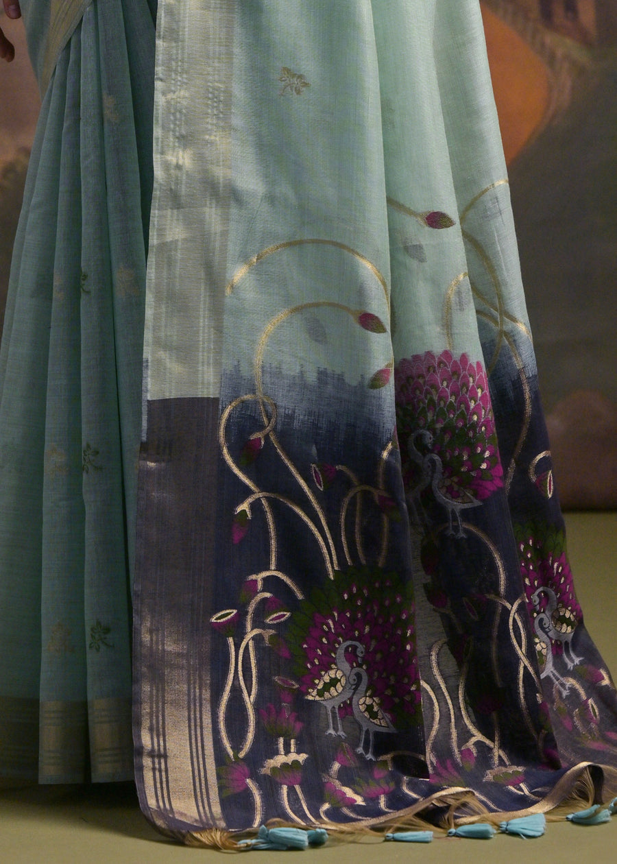 Arctic Blue Pure Soft Munga Handloom Weaving Cotton Saree