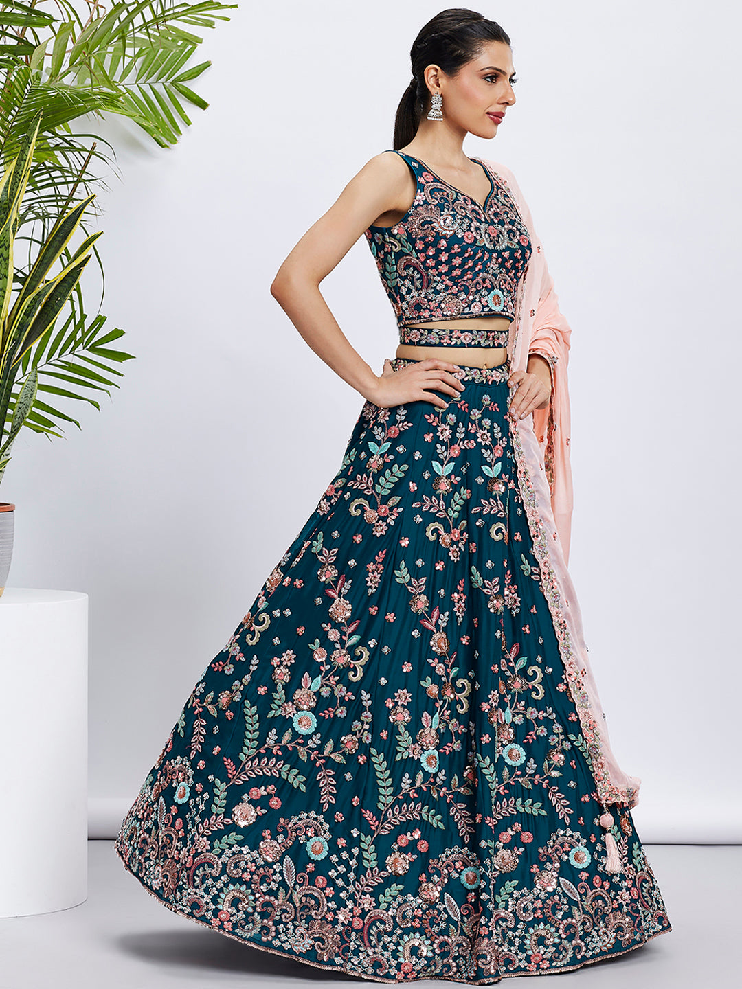 Teal Pure Georgette Sequins and Thread Embroidery Lehenga choli &amp; Dupatta