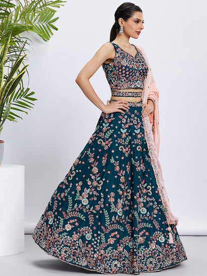 Teal Pure Georgette Sequins and Thread Embroidery Lehenga choli &amp; Dupatta