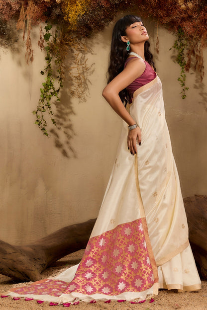 White Pure Tussar Handloom Silk Saree 