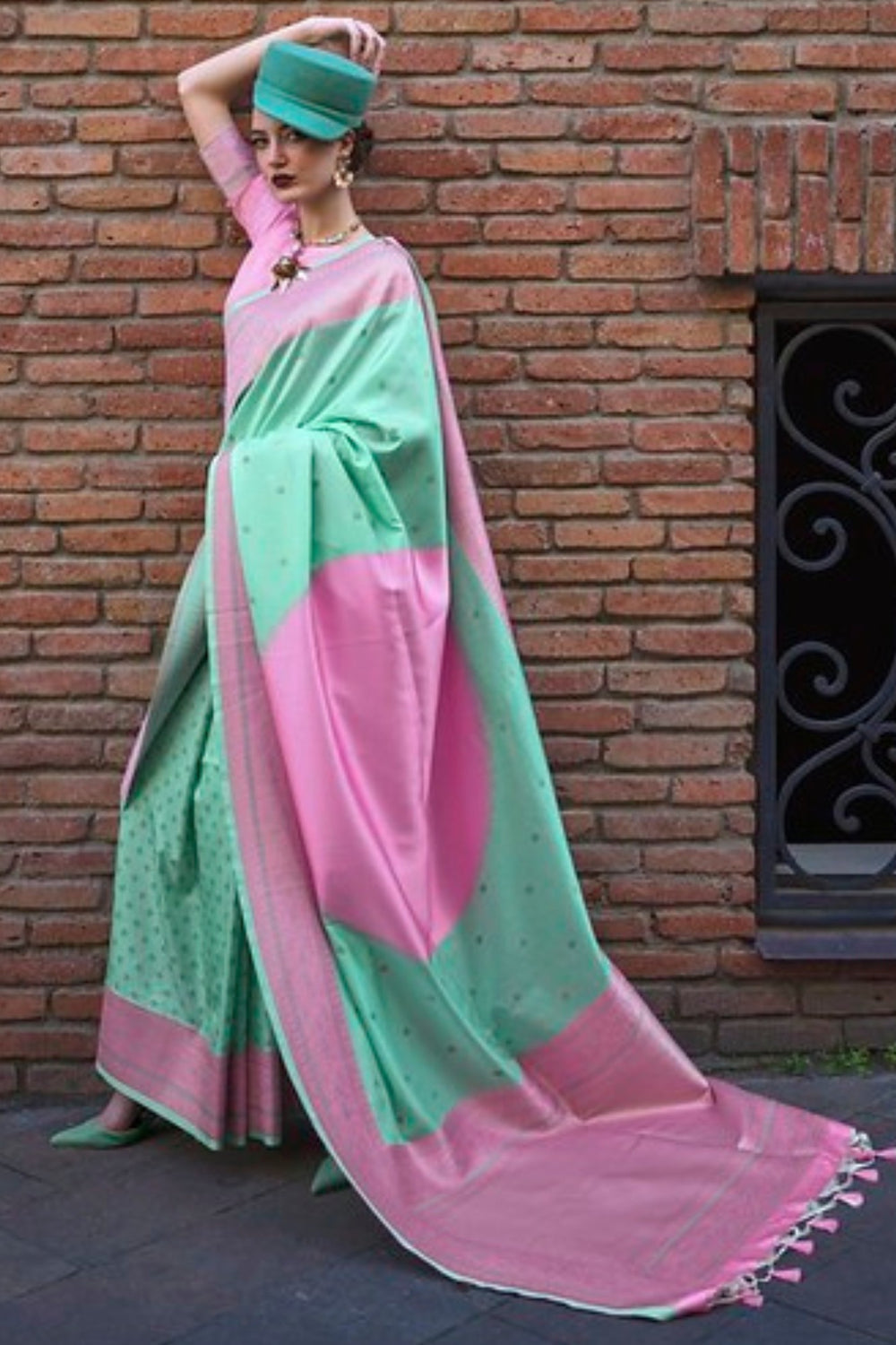 Mint Green and Pink Banarasi Handloom Banarasi Saree 