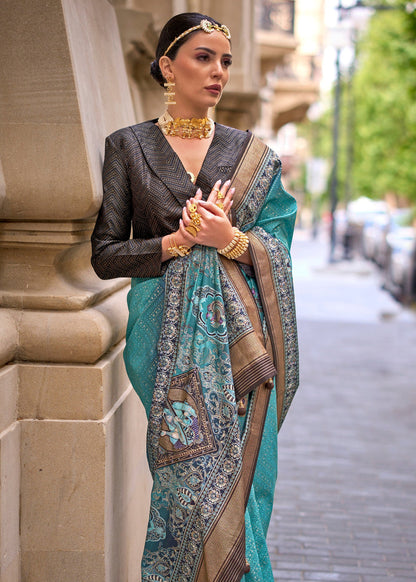 Blue Pure Viscose Silk Blend Foil Print Saree 