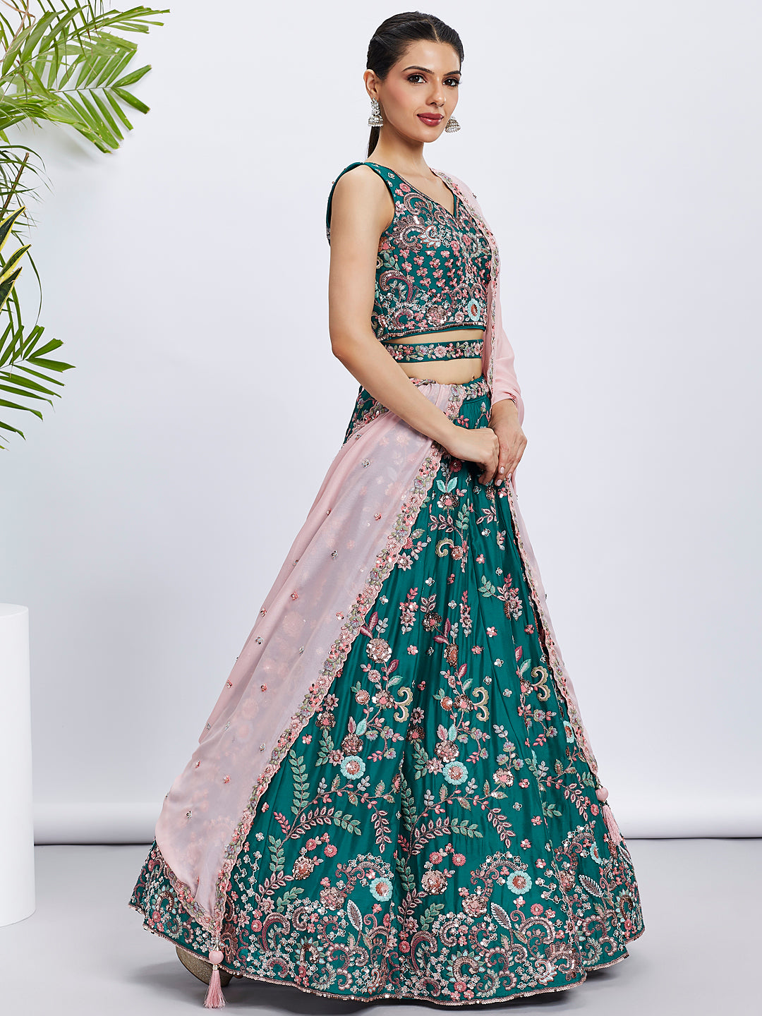 Green Georgette Sequins and Thread Embroidery Lehenga Choli &amp; Dupatta