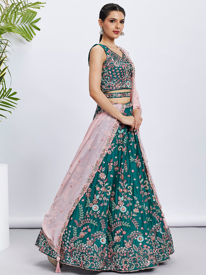 Green Georgette Sequins and Thread Embroidery Lehenga Choli &amp; Dupatta