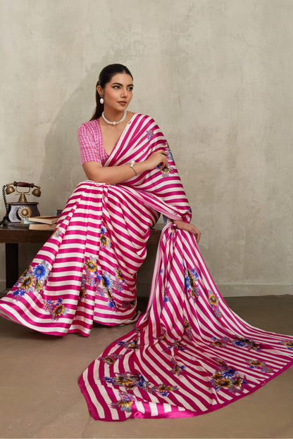 Neon Pink Pure Soft Modal Satin Ajrakh Print Satin Saree Japan Satin Saree Anant Tex Exports Pvt.Ltd..