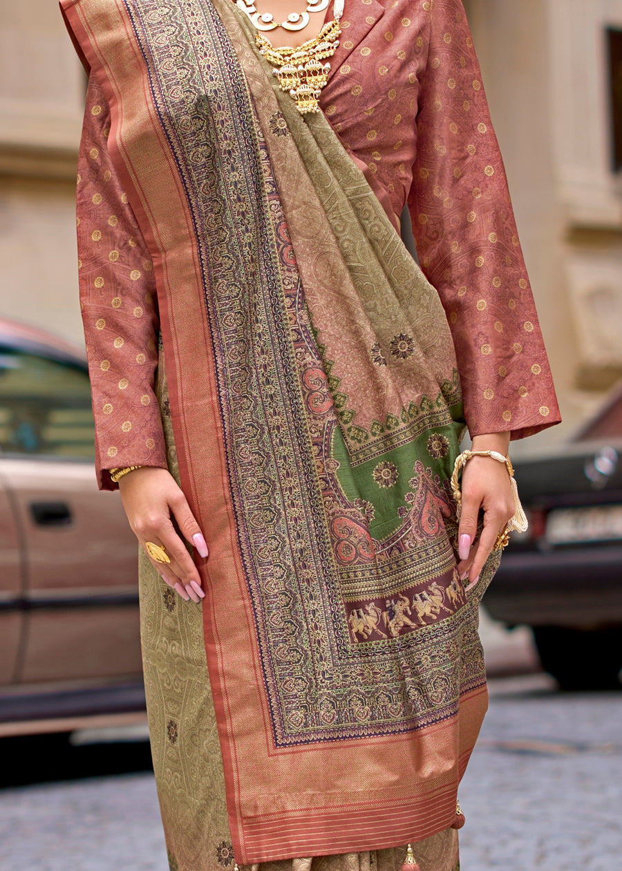 Olive Pure Viscose Silk Blend Foil Print Saree 