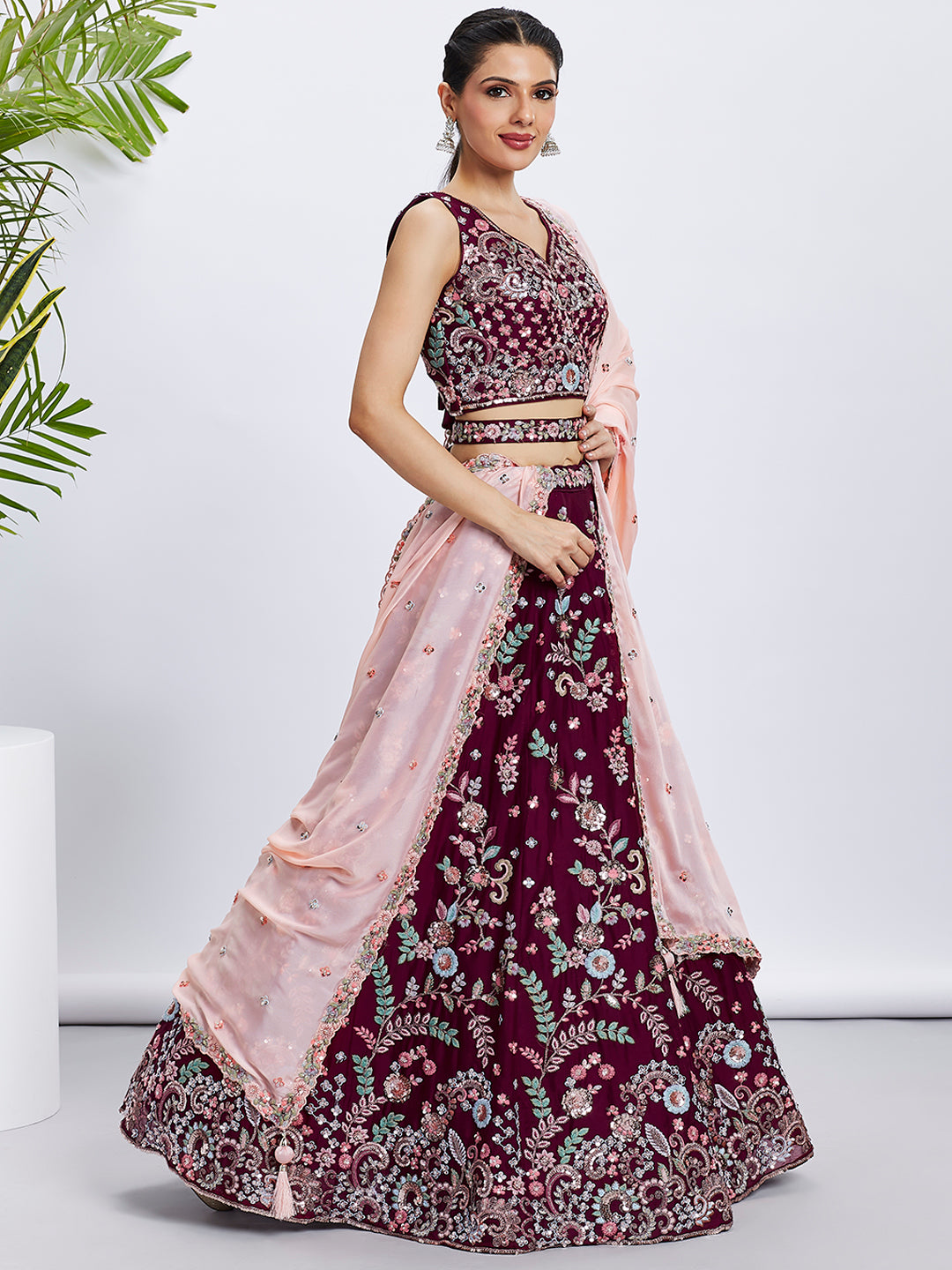 Burgundy Georgette Sequins and Thread Embroidery Lehenga Choli &amp; Dupatta