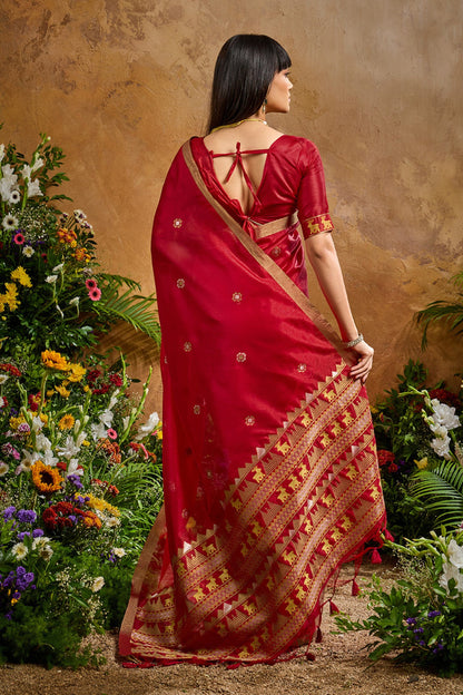 Red Pure Soft Tussar Handloom Silk Saree 