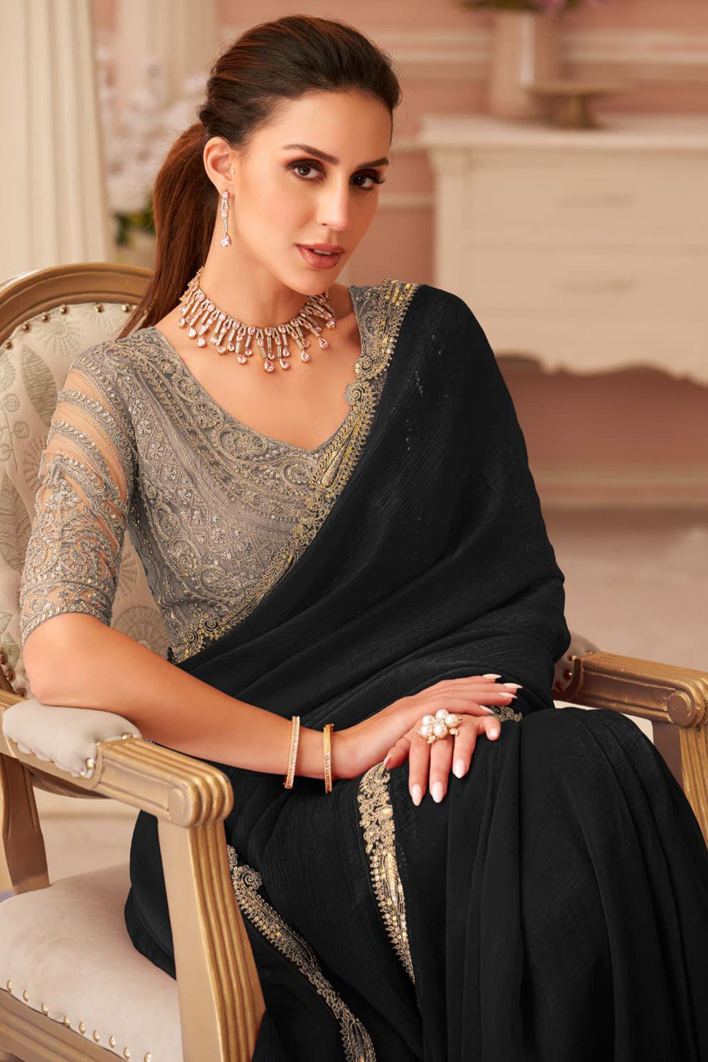 Black Red Pure Georgette Silk With Floral Sequins Saree 