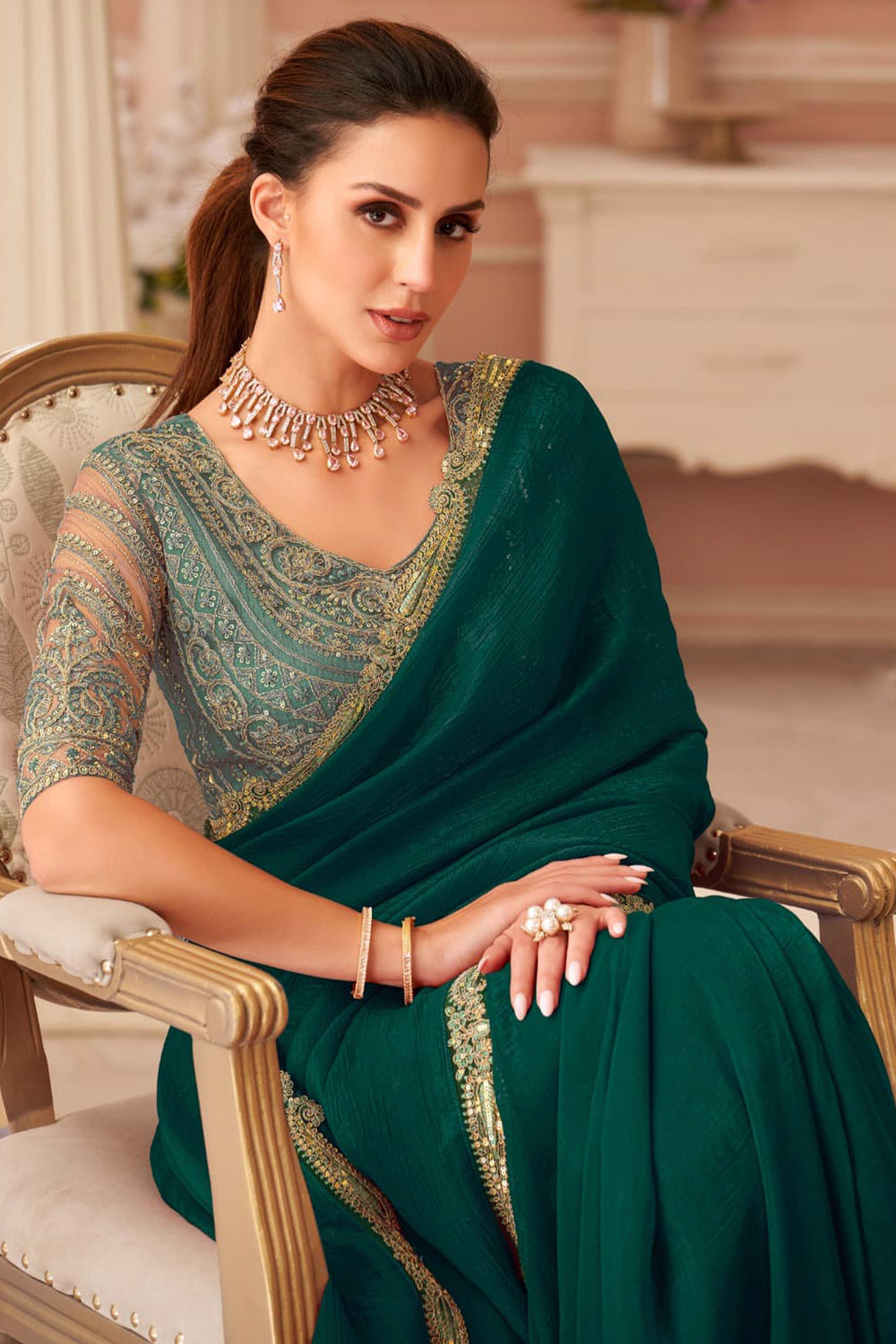 Green Pure Georgette Silk With Floral Sequins Saree 