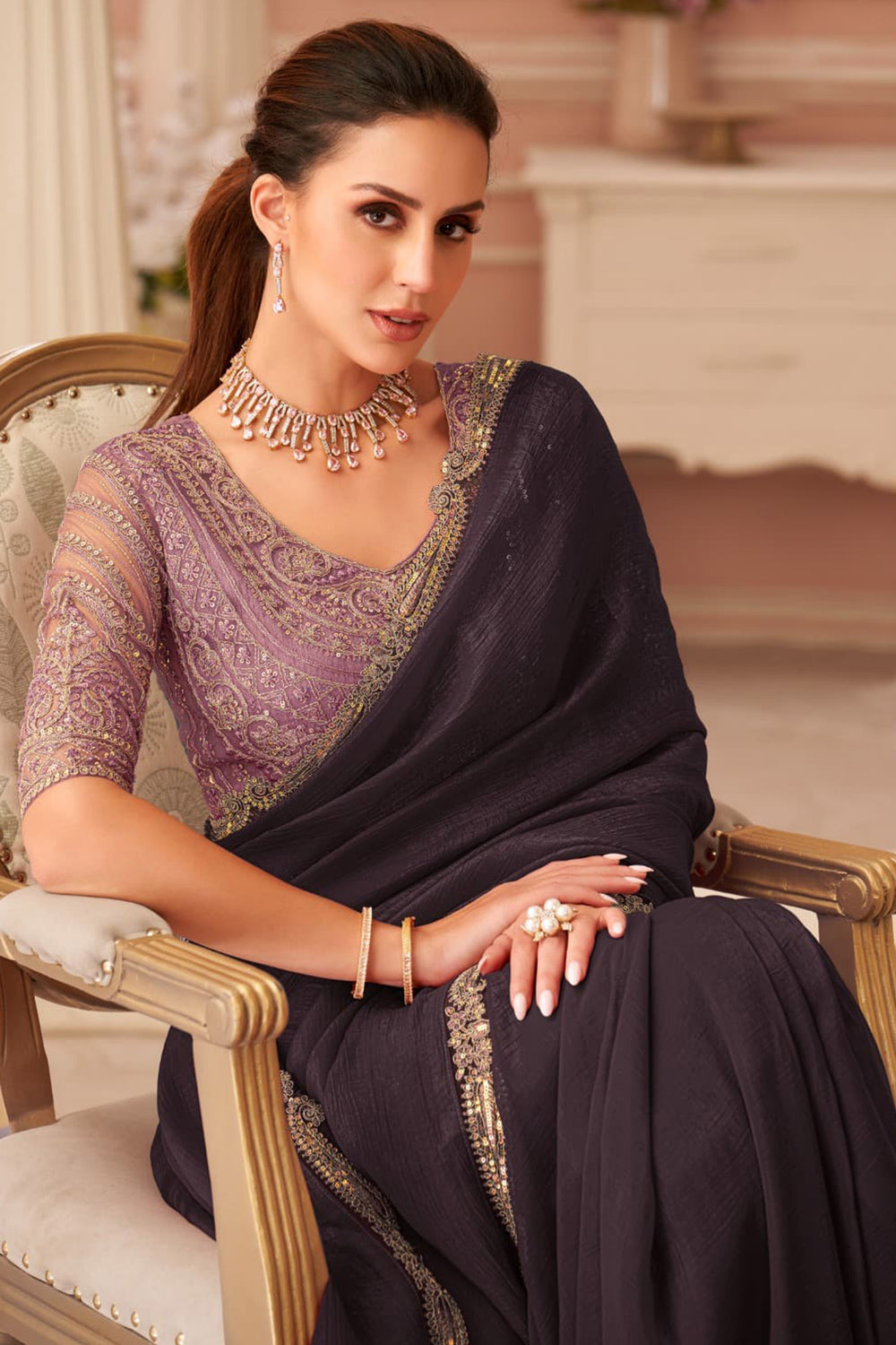 Wine Pure Georgette Silk With Floral Sequins Saree 