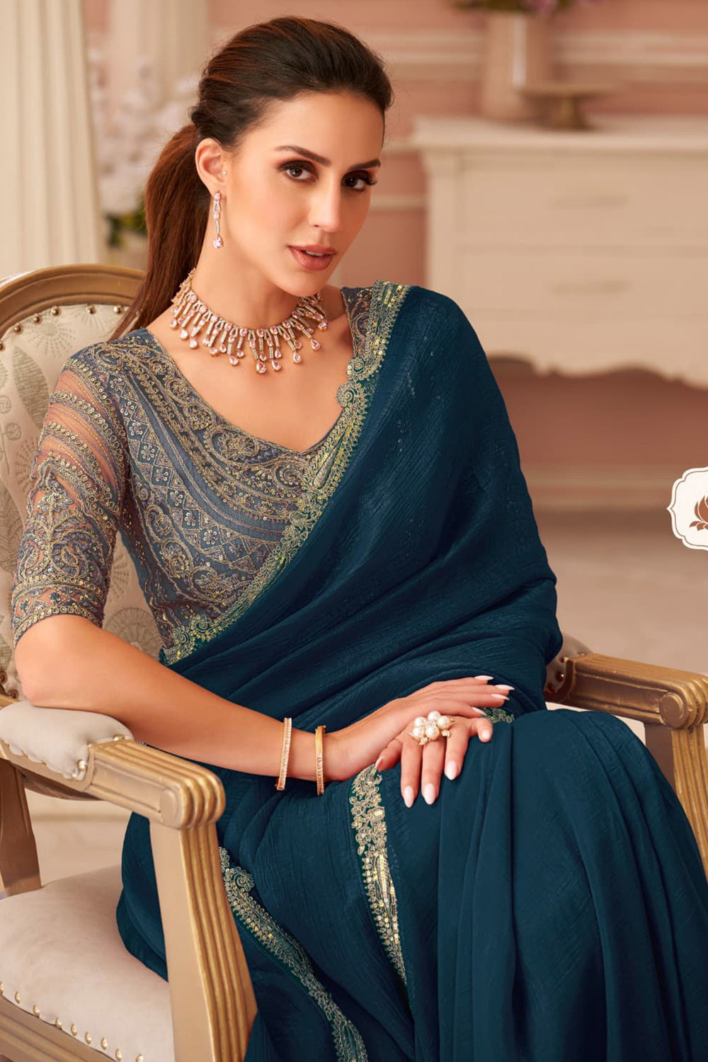 Teal Pure Georgette Silk With Floral Sequins Saree 